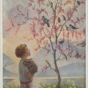 carte postale vintage Margaret Tarrant, Morning Carol, garçon avec des oiseaux dans un arbre et des lapins, Médicis des années 30 et 40, 89 x 140 mm
