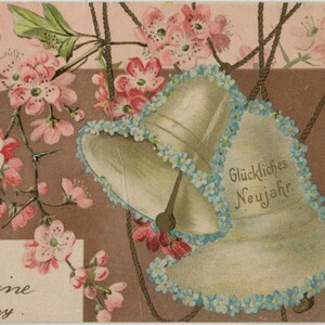 Jolie carte postale du Nouvel An, carte chromolithographique antique, fleur rose, cloches, myosotis bleus, détails dorés, dos indivis, années 1900
