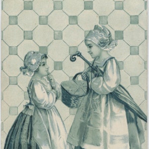 Carte postale ancienne Ellen Clapsaddle de 1909, deux douces petites filles hollandaises en sabots, casquettes et tabliers, carreaux de fond, carte Philco signée par l'artiste