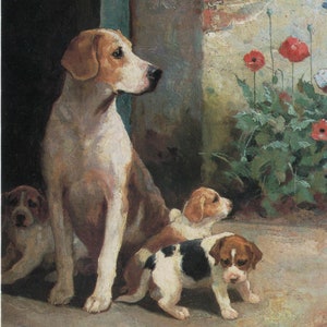 carte postale vintage pour chien, Arthur Duke, attentes, foxhound et chiots, coquelicots rouges, carte Médicis, années 1980, 105 x 149 mm