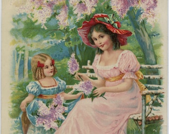 Antique birthday postcard: young woman and girl, lilac blossom, publisher E A Schwerdtfeger, 1910s, 90 x 140 mm