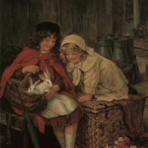 carte postale vintage, enfants, lapins, artiste George Sheridan Knowles, animaux domestiques, deux filles, lapins dans un panier, Camden Graphics 1979, 105 x 148 mm