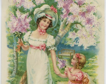 Antique birthday postcard: young woman and girl, lilac trees, publisher E A Schwerdtfeger, 1910s, 90 x 140 mm