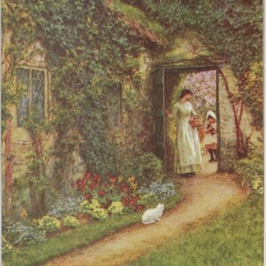 carte postale vintage Helen Allingham, chat blanc dans le jardin, femme et fille, fleurs, Gallery Five, 1978, 105 x 146 mm