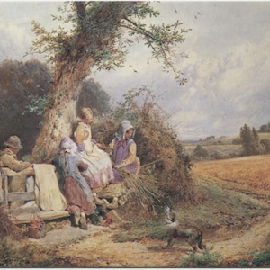 May include: A watercolour painting of a rural scene with figures resting under a tree. The artwork shows people in period clothing, a dog, and a bench. The setting is a countryside landscape with a cloudy sky and a wheat field.