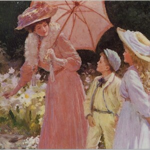 carte postale d'art vintage, Percy Tarrant, Summer in the Garden, femme en rose, deux enfants, garçon, fille, fleurs, Médicis, années 1980, 149 x 105 mm