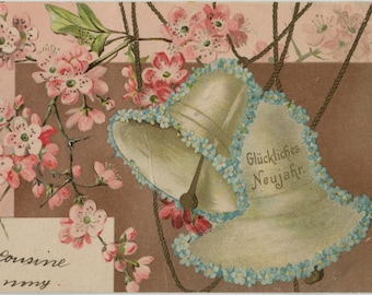 Antique New Year postcard: blossom, bells, forget-me-nots, chromolithograph, unknown artist and publisher, 1900s, 140 x 89 mm