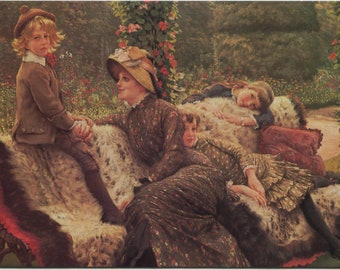 Postal artística vintage: El banco del jardín, artista James Tissot, editorial Medici, circa 1980, 149 x 105 mm