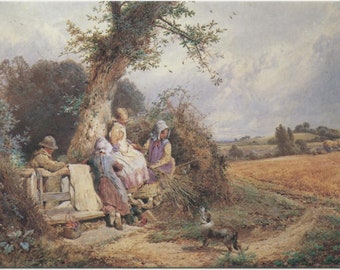 Vintage art postcard: Young Gleaners Resting, artist Myles Birket-Foster, publisher Medici, c 1980s, 149 x 105 mm