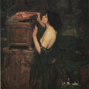 carte postale d'art vintage inutilisée, J W Waterhouse, « Pandora », boîte ouvrante pour femme, mythologie grecque, préraphaélite, carte DIVA, années 1990 107 x 150 mm
