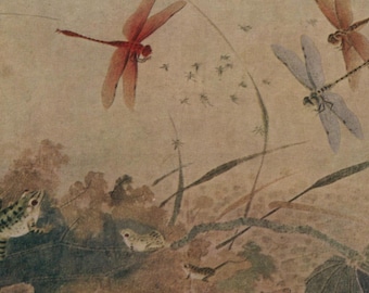 Vintage postcard: Early Autumn, dragonflies, frogs, Chinese artist Ch'ien Hsüan (Qian Xuan), publisher Medici, c 1930s, 150 x 105 mm
