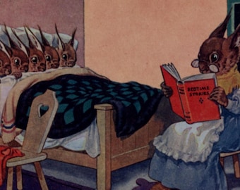 Vintage postcard: Bedtime Story, red squirrel, 5 kits, artist Cyril Cowell, publisher Bamforth, Squirrelquins series, c 1970s, 142 x 91 mm