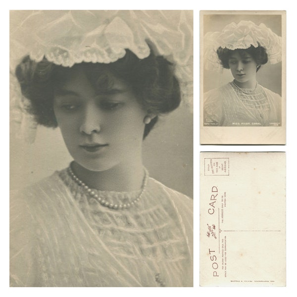 Hilda Coral, British Edwardian actress, antique postcard, beautiful Lallie Charles photograph, 1900s, theatre card, stage and screen, RPPC