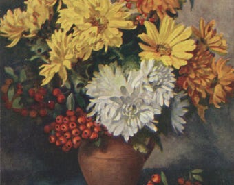 Postal antigua: flores de otoño, crisantemos, bayas rojas, editora A. Vivian Mansell, circa 1940, 87 x 137 mm