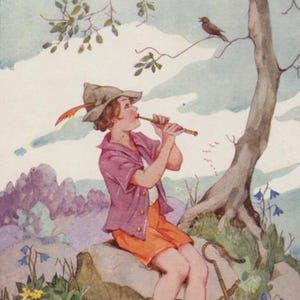May include: Watercolor illustration of a person playing a flute while seated on a rock. The person wears a pink shirt, orange shorts, and a hat with a feather. A bird perches on a tree branch nearby. The scene is set in a natural, outdoor environment.