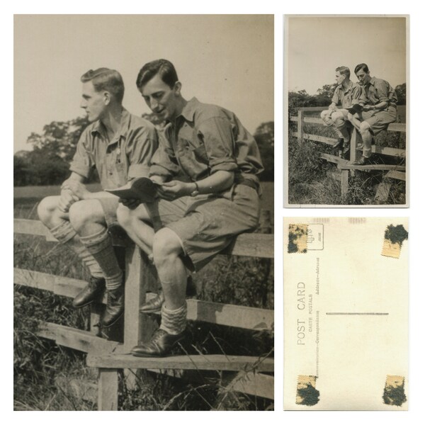 Two men on a stile, vintage real photograph postcard, shorts, khaki shirts, rolled sleeves, wool socks, hikers or military, social history