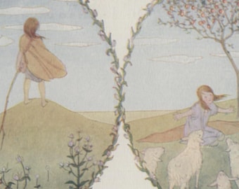Postal antigua: Little Bo-Peep, artista Henriette Willebeek Le Mair, editor Augener, 'Nuestras viejas rimas infantiles', c. 1910, 139 x 90 mm