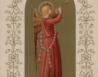 Antique postcard: musical angel with clarion trumpet, Fra Angelico, gilt background, publisher F Pineider, Florence, c 1910s, 89 x 140 mm