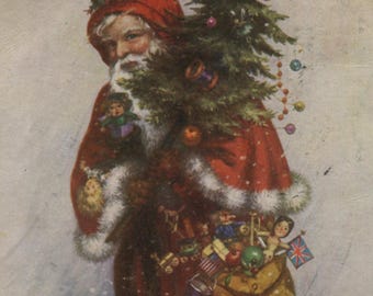 Antique Father Christmas postcard 1902, Santa Claus, red robe, Xmas tree, bag of toys,  Tuck 'Christmas' series 1803, 87 x 140 mm