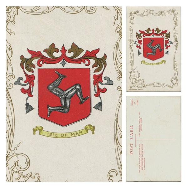 Isle of Man heraldic crest, unused antique postcard, Manx triskelion, three legs of Mann, red shield, Ja-Ja card, 1900s-1910s