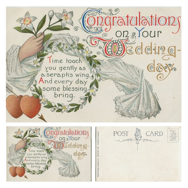 Antique wedding congratulations postcard, Edwardian, unused, orange blossom, flowers, paired hearts, poem, marriage wishes, Wildt & Kray