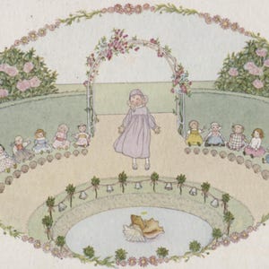 May include: An illustration of a young girl in a lavender dress and cap standing in a garden. A white archway with pink flowers is behind her. Dolls are seated around the path, and a seashell is in a pond.