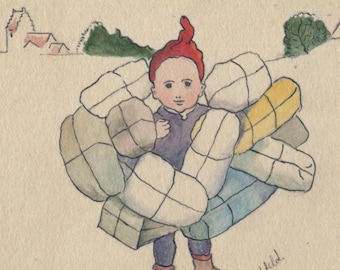 Antique hand drawn Christmas postcard: gnome with parcels, ink and watercolour, undivided back, 1900s, 142 x 90 mm