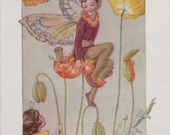 Postal antigua: Hadas de la amapola, artista Margaret Tarrant, editorial Medici, serie Las hadas en nuestro jardín, c. 1920, 90 x 140 mm