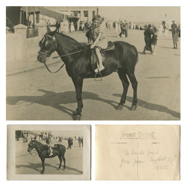 Pony ride, vintage photograph postcard, 1920s, little girl on seaside pony, holiday snap, by the sea, animal picture, RPPC, found photo