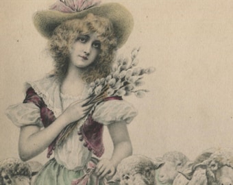 Postal antigua: Glamurosa pastora con ovejas, artista Raymond Ritter von Wichera, editor M M Vienne, década de 1900, 138 x 90 mm