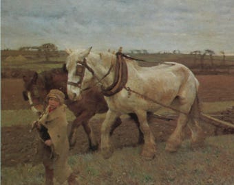 Postal artística antigua: Arado (detalle), caballos de trabajo, artista Sir George Clausen, editorial Medici, c. década de 1980, 150 x 105 mm