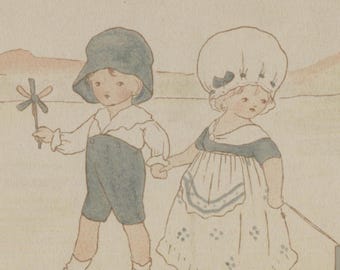 Antique postcard: artist Hilda Miller, children pulling a doll in a trolley, publisher Liberty & Co, 1910s, 140 x 89 mm