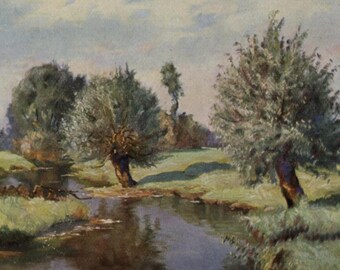 Postal antigua: Paisaje, río, árboles, hierba, artista Franz Xaver Frankl, serie Medici 'Junto a la montaña y al arroyo', década de 1930, 140 x 90 mm