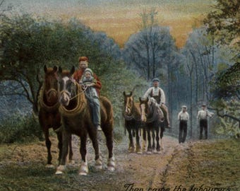 Postal antigua: Hombres y caballos, trabajadores regresando del campo, Longfellow, Raphael Tuck, serie 'Vida rural', década de 1900, 136 x 89 mm
