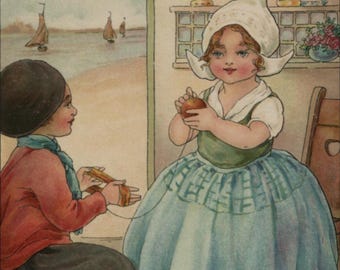 Postal antigua: Así te enrollas alrededor de mi corazón, niños holandeses, artista Florence Hardy, editor C W Faulkner, década de 1910, 90 x 140 mm