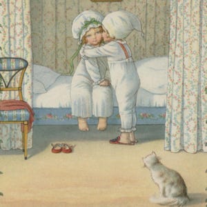 Carte postale ancienne de Pauli Ebner, Gute Nacht, Bonne nuit, garçon embrassant une fille au coucher, observation de chats, carte M M, années 1910, 90 x 140 mm