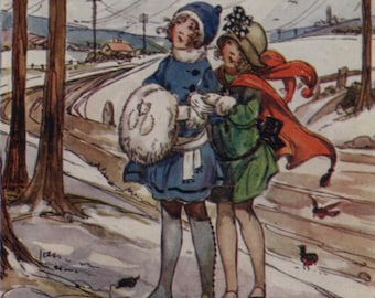 Postal antigua: El viento del norte sopla, artista Dorothy Wheeler, A & C Black, Serie de canciones infantiles inglesas 45, década de 1920, 90 x 140 mm