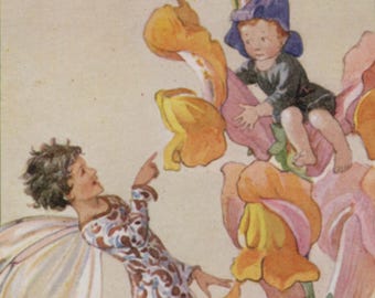 Postal antigua: Hadas de boca de dragón, artista Margaret Tarrant, editorial Medici, serie Las hadas en nuestro jardín, c. 1920, 90 x 140 mm
