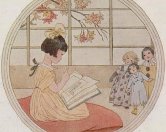 Antique postcard: Lesson Time, artist H Willebeek Le Mair, publisher Augener, 'Grannie's Little Rhyme Book' series, c 1910s, 139 x 88 mm