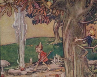 Antique fairy postcard: October Brownies, artist Helen Jacobs, C W Faulkner 'fairy months' series, early 1920s, 88 x 139 mm