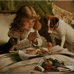 carte postale vintage, petite fille, chaton, terrier, Suspense par C Burton Barber, petit-déjeuner au lit, carte graphique Camden inutilisée 1979, 147 x 106 mm