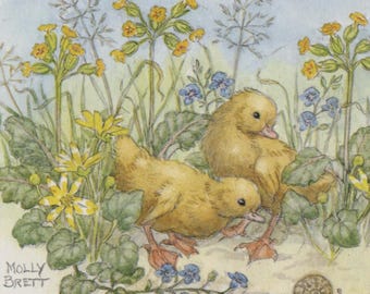 Vintage postcard: Ducklings, snail, wildflowers, artist Molly Brett, publisher Medici, c 1970s, 141 x 89 mm