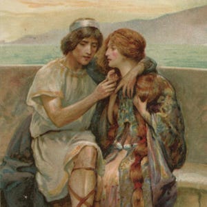 Carte postale ancienne, Posthumus & Imogen, scène de Shakespeare, Cymbeline, dos indivis, probablement C W Faulkner, cachet de la poste 1902, 89 x 140 mm