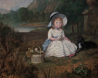 Vintage art postcard: girl and spaniel dog, Miss Elizabeth Heathcote, artist Lewis Vaslet, publisher Medici, c 1980s, 105 x 149 mm