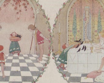 Antique postcard: Sing a Song of Sixpence, artist H Willebeek Le Mair, publisher Augener, 'Our Old Nursery Rhymes', c 1910s, 138 x 89 mm