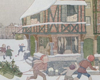 Postal navideña antigua: «¡Levántate y hornea tus pasteles!», ilustrada por Henriette Willebeek Le Mair, publicada por Augener, circa 1920-1930, 139 x 90 mm
