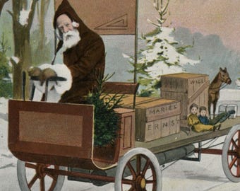 Postal navideña antigua: Papá Noel con túnica marrón conduciendo un camión antiguo, Santa Claus, 1904, 142 x 92 mm