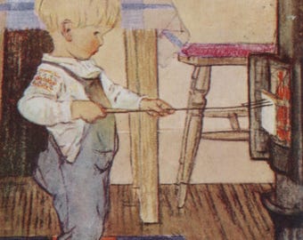 Postal antigua: La hora del té, niño tostando pan, artista Muriel Dawson, serie Medici Happy Hours, matasellos de 1941, 90 x 140 mm