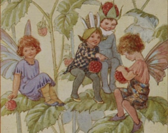 Postal antigua: Hadas de frambuesa, artista Margaret Tarrant, editorial Medici, serie Las hadas en nuestro jardín, c. 1920, 90 x 140 mm