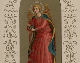 Antique postcard: Fra Angelico angel, cymbals, gilt background, publisher F Pineider, Florence, c 1910s, 90 x 140 mm